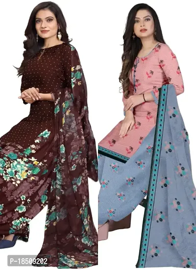 Brown  Pink Crepe Printed Dress Material with Dupatta For Women (Combo pack of 2)