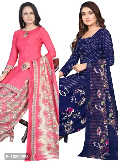 Pink  Navy Blue Crepe Printed Dress Material with Dupatta For Women (Combo pack of 2)-thumb0