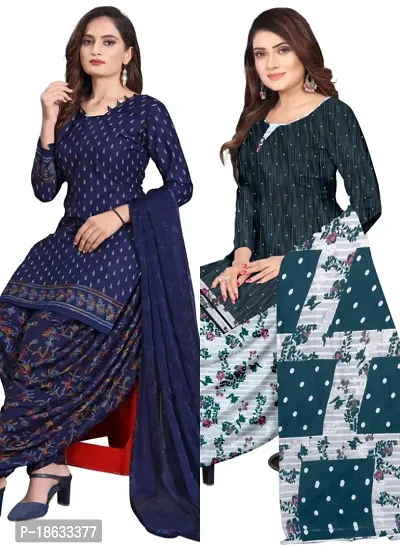 Navy Blue  Multicolor Crepe Printed Dress Material with Dupatta For Women (Combo pack of 2)