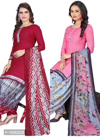 Maroon  Pink Crepe Printed Dress Material with Dupatta For Women (Combo pack of 2)-thumb0