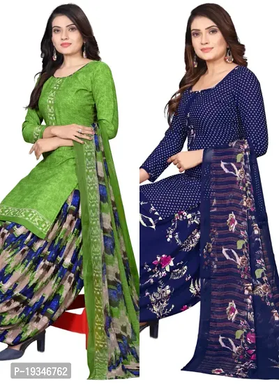 Green  Navy Blue Crepe Printed Dress Material with Dupatta For Women (Combo pack of 2)