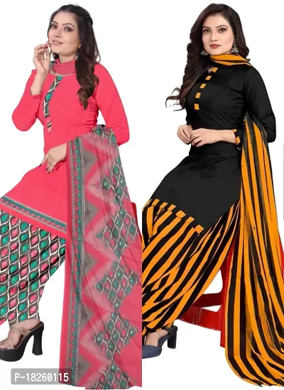 Pink  Black Crepe Printed Dress Material with Dupatta For Women (Combo pack of 2)-thumb0