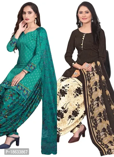 Teal  Brown Crepe Printed Dress Material with Dupatta For Women (Combo pack of 2)