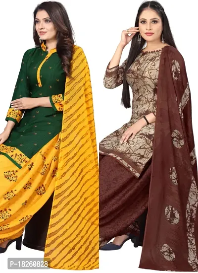 Green  Beige Crepe Printed Dress Material with Dupatta For Women (Combo pack of 2)-thumb0