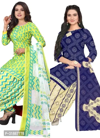 Elegant Multicoloured Cotton Printed Dress Material with Dupatta For Women (Combo Pack of 2)-thumb0