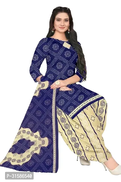 Elegant Blue Cotton Blend Printed Dress Material with Dupatta For Women-thumb0