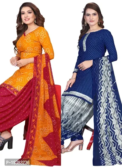 Orange  Navy Blue Crepe Printed Dress Material with Dupatta For Women (Combo pack of 2)