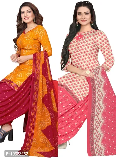 Orange  Pink Crepe Printed Dress Material with Dupatta For Women (Combo pack of 2)