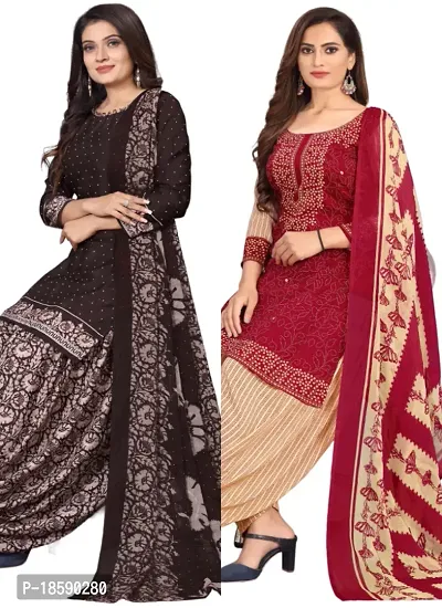 Brown  Red Crepe Printed Dress Material with Dupatta For Women (Combo pack of 2)-thumb0