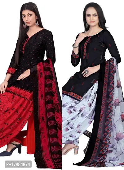 Black  Navy Blue Crepe Printed Dress Material with Dupatta For Women (Combo pack of 2)-thumb0