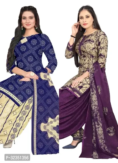 Elegant Multicoloured Cotton Printed Dress Material with Dupatta For Women (Combo Pack of 2)