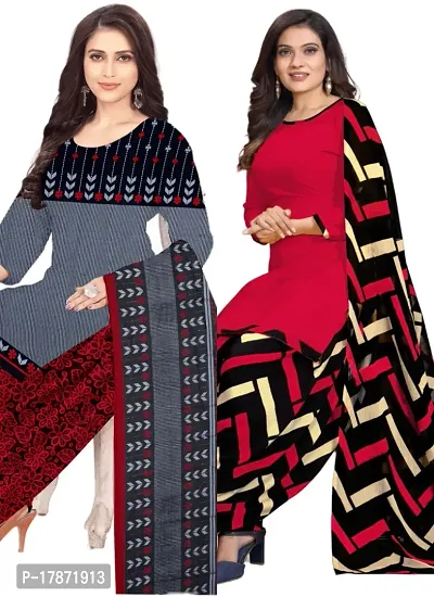 Grey  Red Crepe Printed Dress Material with Dupatta For Women (Combo pack of 2)-thumb0