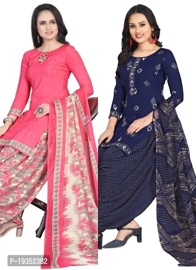 Pink  Navy Blue Crepe Printed Dress Material with Dupatta For Women (Combo pack of 2)-thumb0