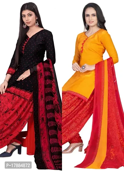 Black  Yellow Crepe Printed Dress Material with Dupatta For Women (Combo pack of 2)-thumb0