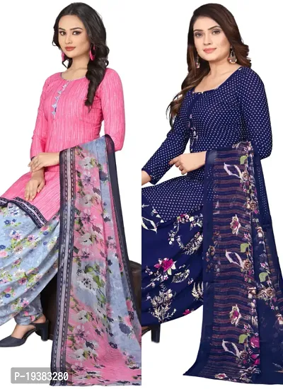 Pink  Navy Blue Crepe Printed Dress Material with Dupatta For Women (Combo pack of 2)