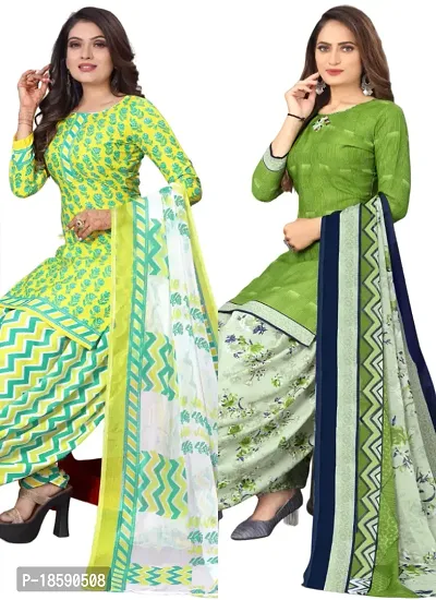 Yellow  Green Crepe Printed Dress Material with Dupatta For Women (Combo pack of 2)