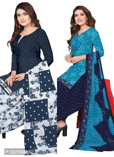 Elegant Multicoloured Cotton Printed Dress Material with Dupatta For Women (Combo Pack of 2)