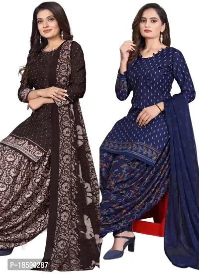 Brown  Navy Blue Crepe Printed Dress Material with Dupatta For Women (Combo pack of 2)