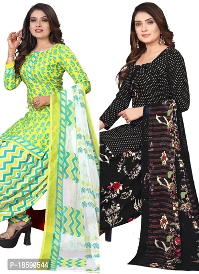 Yellow  Black Crepe Printed Dress Material with Dupatta For Women (Combo pack of 2)-thumb0