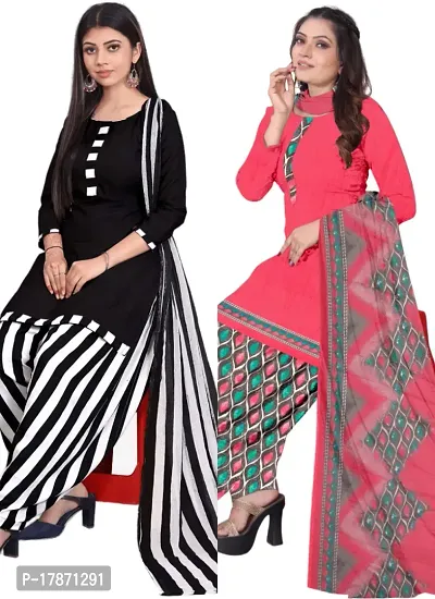 Black  Pink Crepe Printed Dress Material with Dupatta For Women (Combo pack of 2)