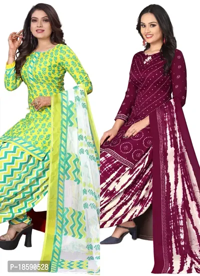 Yellow  Maroon Crepe Printed Dress Material with Dupatta For Women (Combo pack of 2)