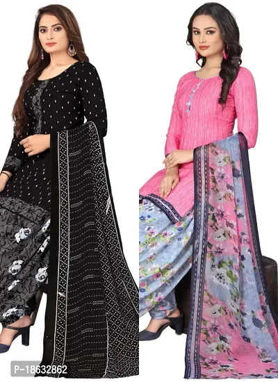 Black  Pink Crepe Printed Dress Material with Dupatta For Women (Combo pack of 2)-thumb0