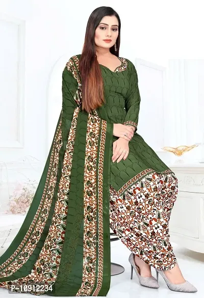 Elegant Green Crepe Ethnic Print Dress Material with Dupatta For Women