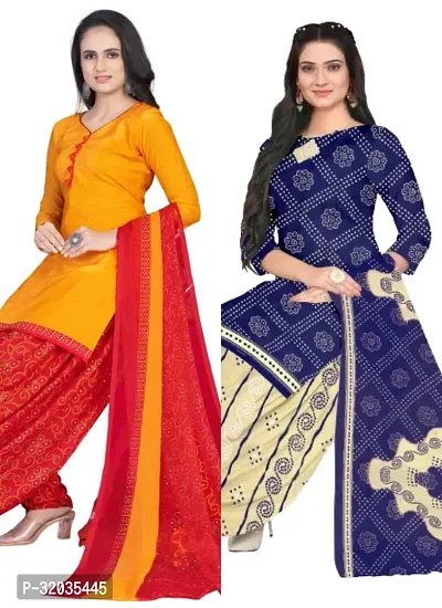 Elegant Multicoloured Cotton Printed Dress Material with Dupatta For Women (Combo Pack of 2)-thumb0