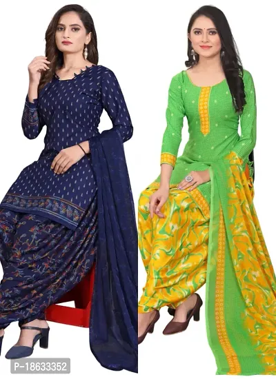 Navy Blue  Green Crepe Printed Dress Material with Dupatta For Women (Combo pack of 2)