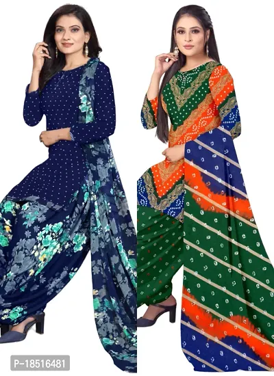 Navy Blue  Multicolor Crepe Printed Dress Material with Dupatta For Women (Combo pack of 2)