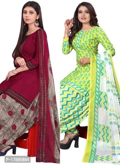 Maroon  Yellow Crepe Printed Dress Material with Dupatta For Women (Combo pack of 2)