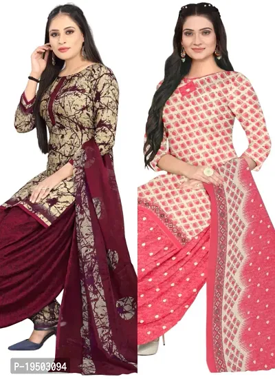Beige  Pink Crepe Printed Dress Material with Dupatta For Women (Combo pack of 2)