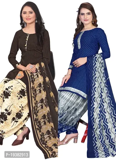 Brown  Navy Blue Crepe Printed Dress Material with Dupatta For Women (Combo pack of 2)