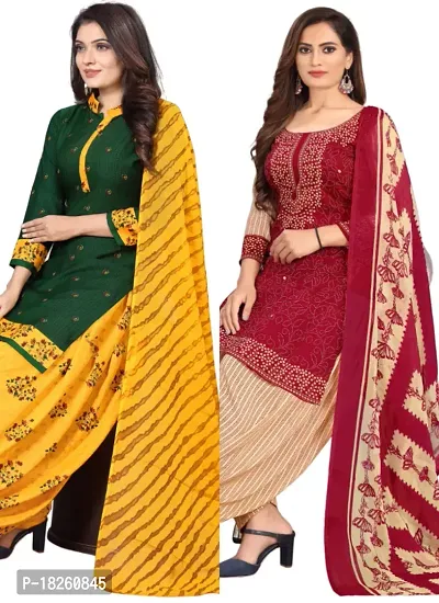 Green  Red Crepe Printed Dress Material with Dupatta For Women (Combo pack of 2)