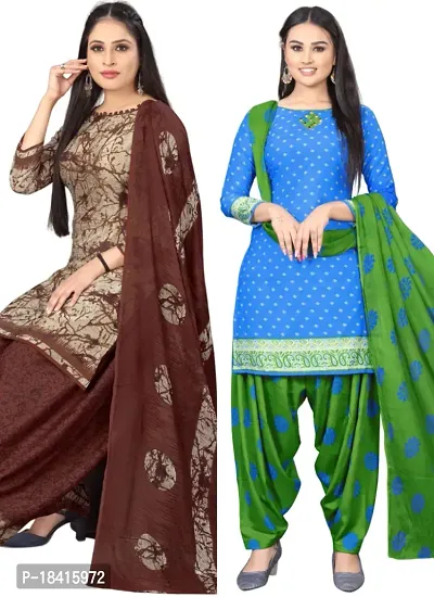 Beige  Blue Crepe Printed Dress Material with Dupatta For Women (Combo pack of 2)