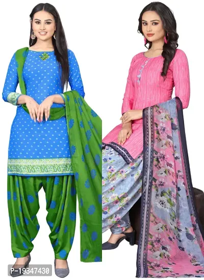 Blue  Pink Crepe Printed Dress Material with Dupatta For Women (Combo pack of 2)