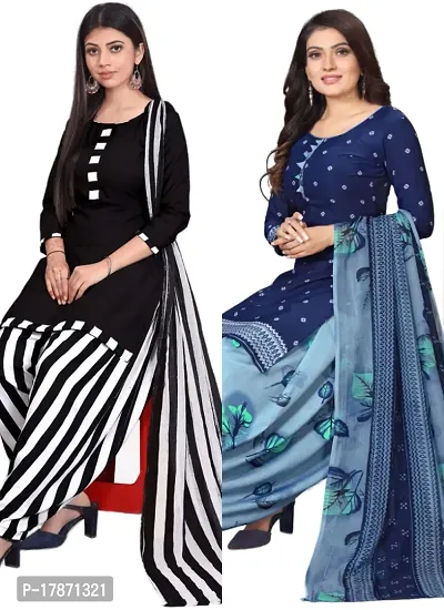 Black  Blue Crepe Printed Dress Material with Dupatta For Women (Combo pack of 2)-thumb0