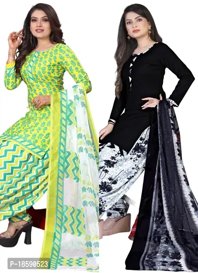 Yellow  Black Crepe Printed Dress Material with Dupatta For Women (Combo pack of 2)