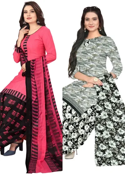 Stylish Cotton Blend Printed Unstitched Suits - Pack Of 2