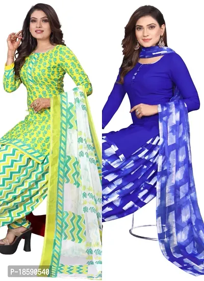 Yellow  Blue Crepe Printed Dress Material with Dupatta For Women (Combo pack of 2)