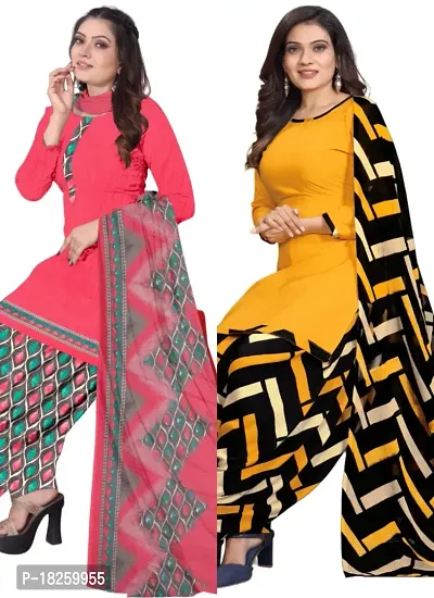 Pink  Yellow Crepe Printed Dress Material with Dupatta For Women (Combo pack of 2)