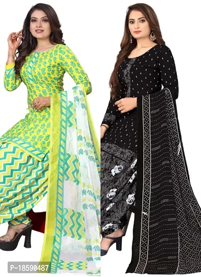 Yellow  Black Crepe Printed Dress Material with Dupatta For Women (Combo pack of 2)-thumb0