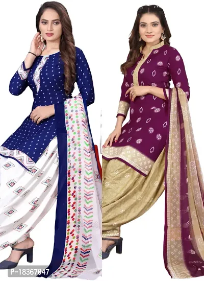 Navy Blue  Purple Crepe Printed Dress Material with Dupatta For Women (Combo pack of 2)-thumb0