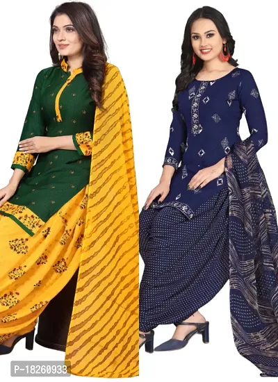 Green  Navy Blue Crepe Printed Dress Material with Dupatta For Women (Combo pack of 2)