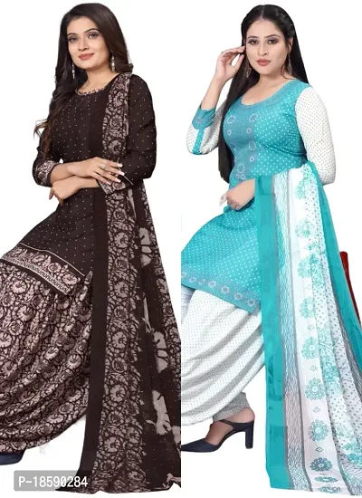 Brown  Sea Green Crepe Printed Dress Material with Dupatta For Women (Combo pack of 2)