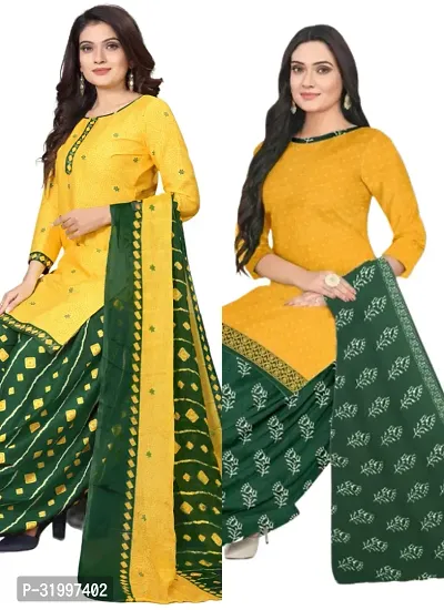 Elegant Multicoloured Cotton Printed Dress Material with Dupatta For Women (Combo Pack of 2)-thumb0