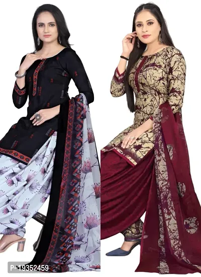 Navy Blue  Beige Crepe Printed Dress Material with Dupatta For Women (Combo pack of 2)