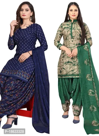 Navy Blue  Beige Crepe Printed Dress Material with Dupatta For Women (Combo pack of 2)