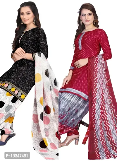 Black  Maroon Crepe Printed Dress Material with Dupatta For Women (Combo pack of 2)-thumb0