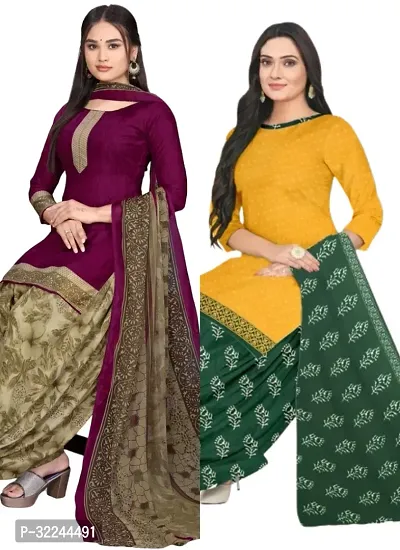 Elegant Multicoloured Cotton Printed Dress Material with Dupatta For Women - Pack of 2-thumb0